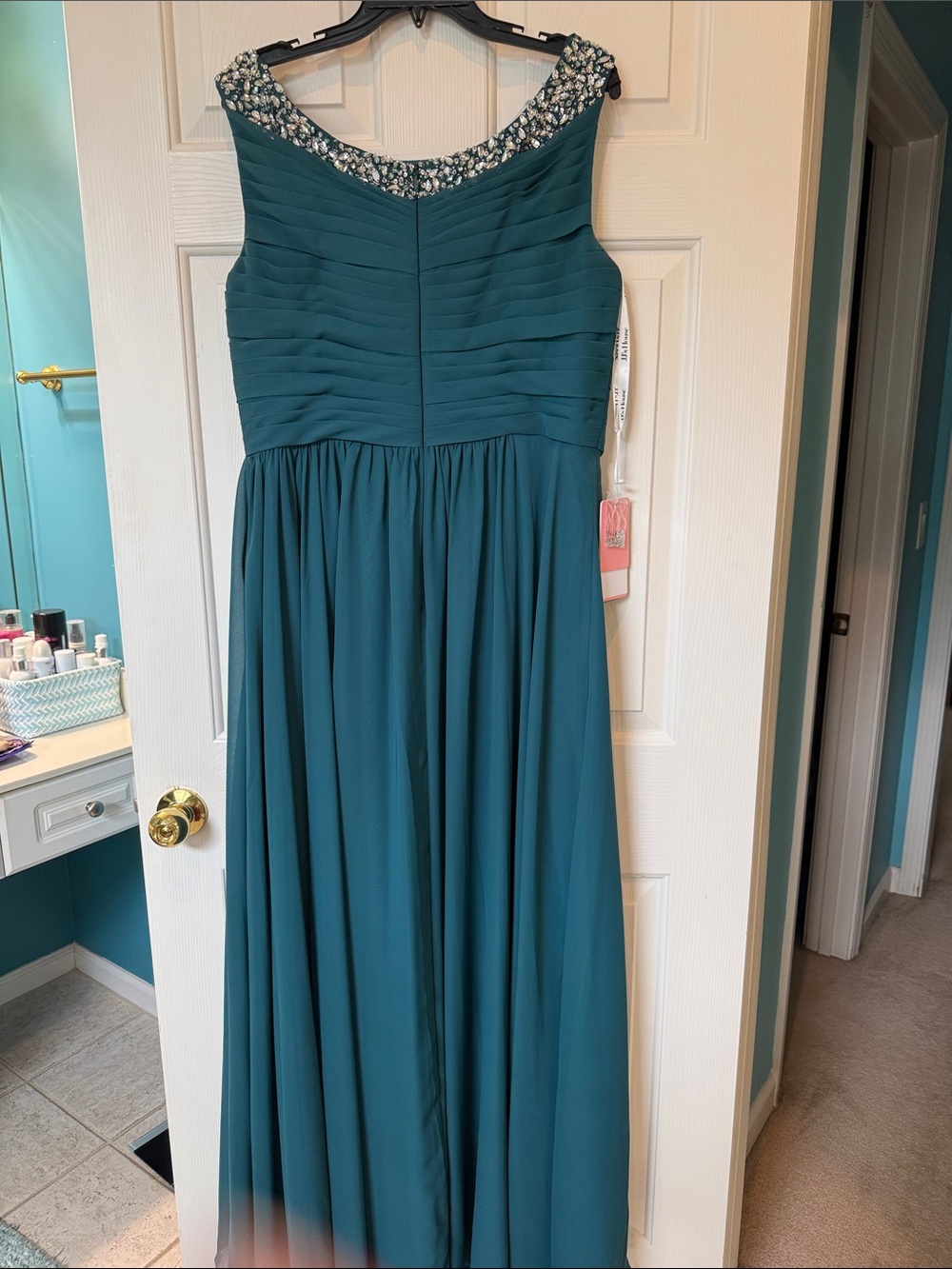 Elegant Dark Teal Chiffon Embellished Maxi Formal Sleeveless Gown Size 16 NWT - Picture 3 of 8